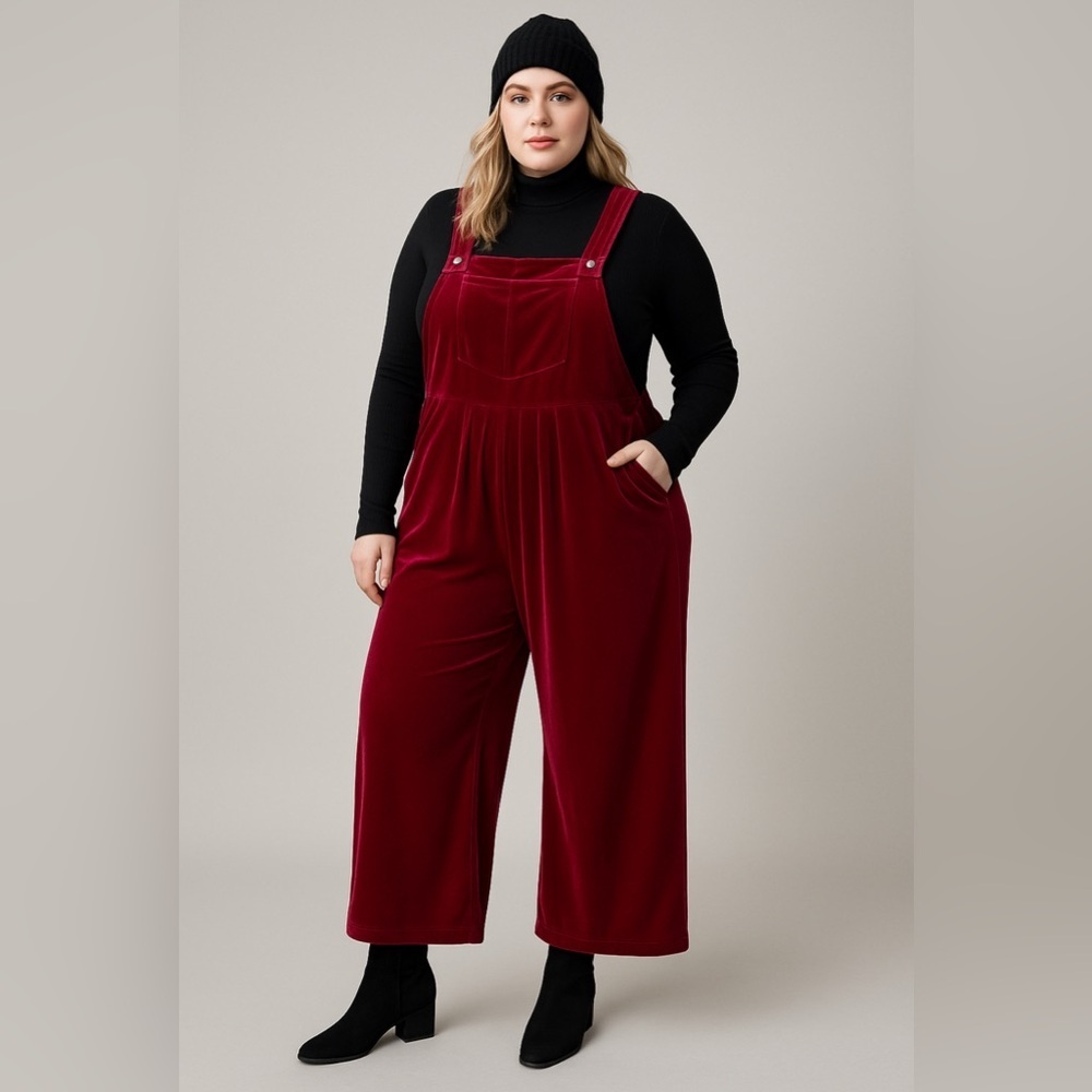 Velour Velvet  Red Fushia Wide-Leg Chic Jumpsuit Pockets  Winter Party 1XL